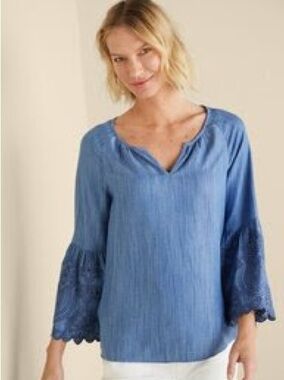 Soft Surroundings Boho Blouse Chambray EMBROIDERED Bell Sleeves Womens XL